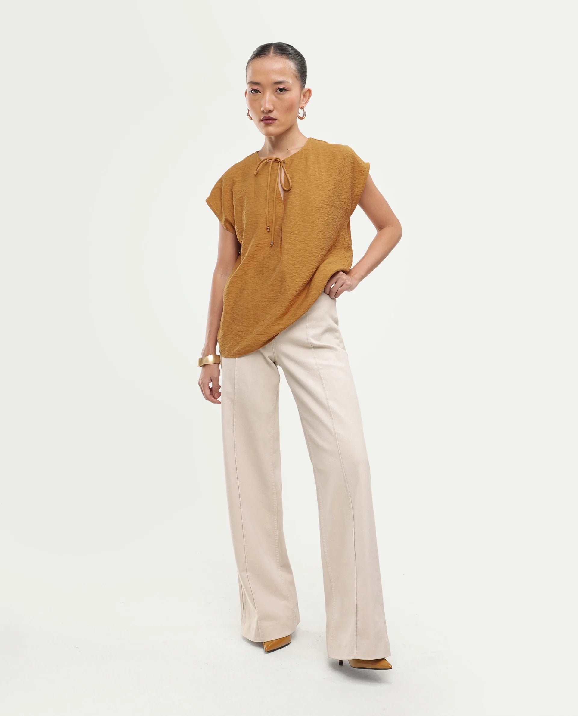 Rareism Women's Siba Mustard Viscose Blend Tie-Up Tie-Up Relaxed Plain Top