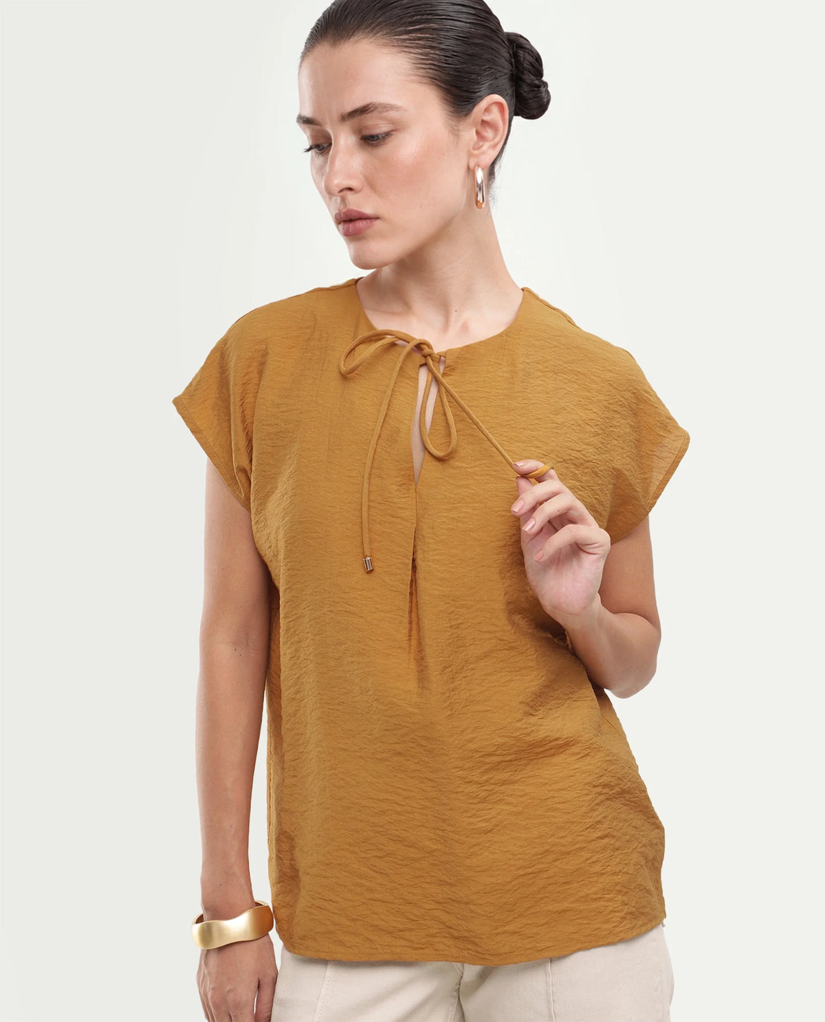Rareism Women's Siba Mustard Viscose Blend Tie-Up Tie-Up Relaxed Plain Top