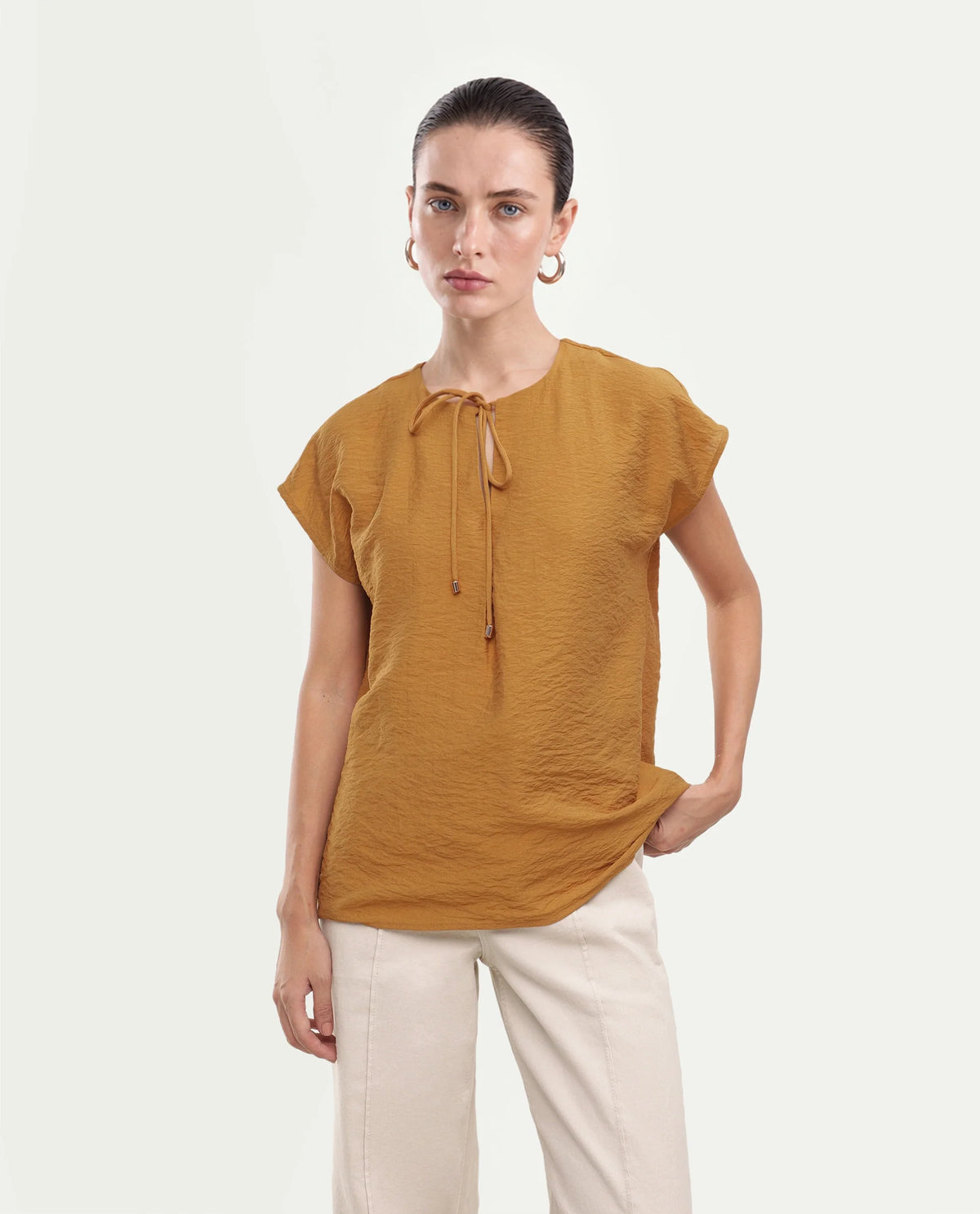 Rareism Women's Siba Mustard Viscose Blend Tie-Up Tie-Up Relaxed Plain Top