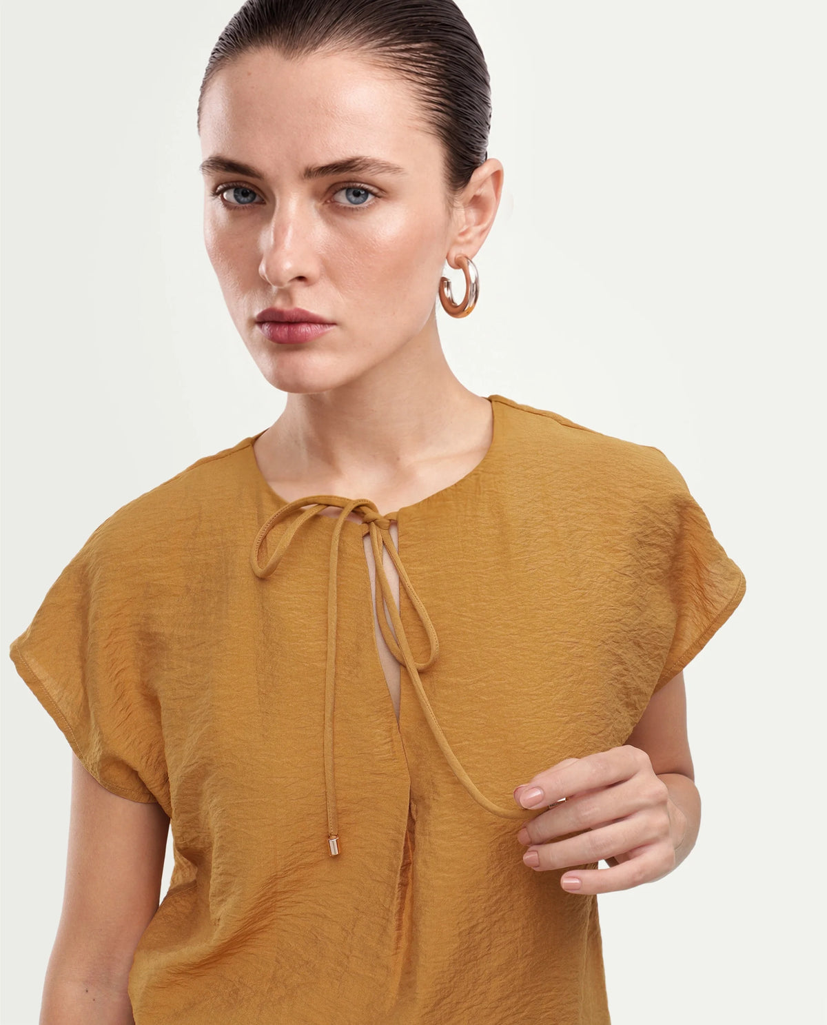 Rareism Women's Siba Mustard Viscose Blend Tie-Up Tie-Up Relaxed Plain Top