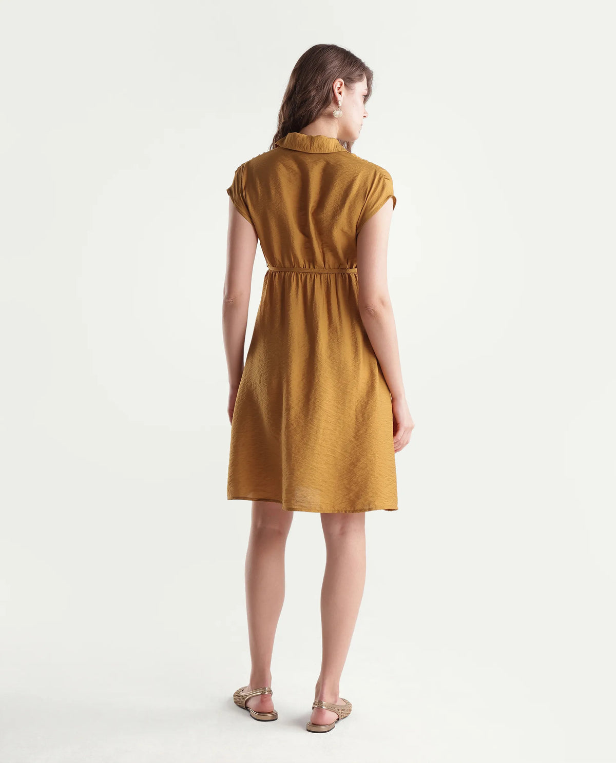 Rareism Women's Sibat Mustard Viscose Blend Johnny Collar Pull-On A-Line Plain Dress