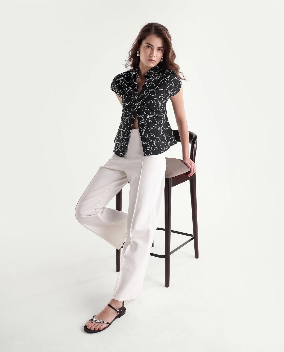 Rareism Women's Selsh Black Viscose Blend Spread Collar Button Regular Embroidered Shirt