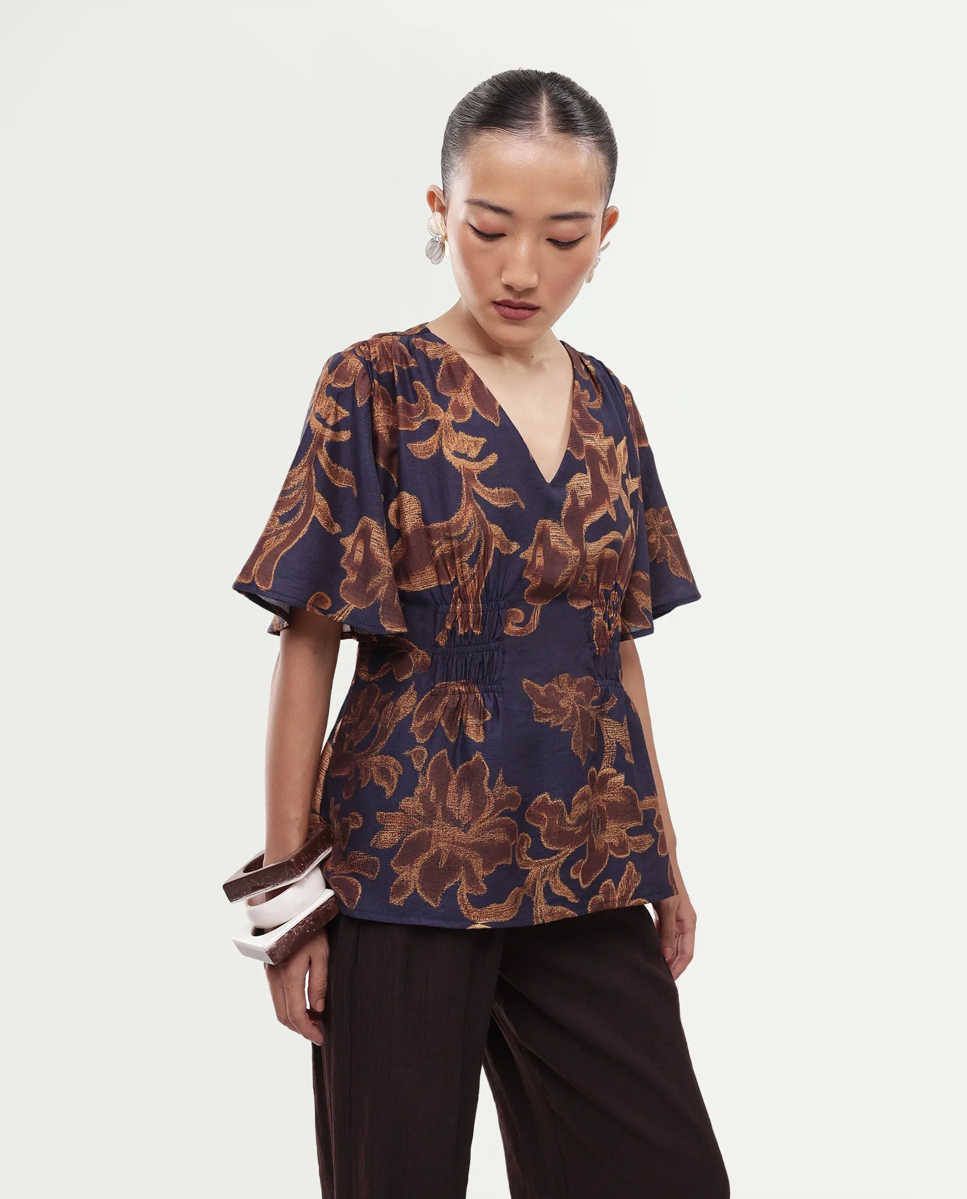 Rareism Women's Daco Brown Viscose Blend V-Neck Pull-On Regular Floral Print Top