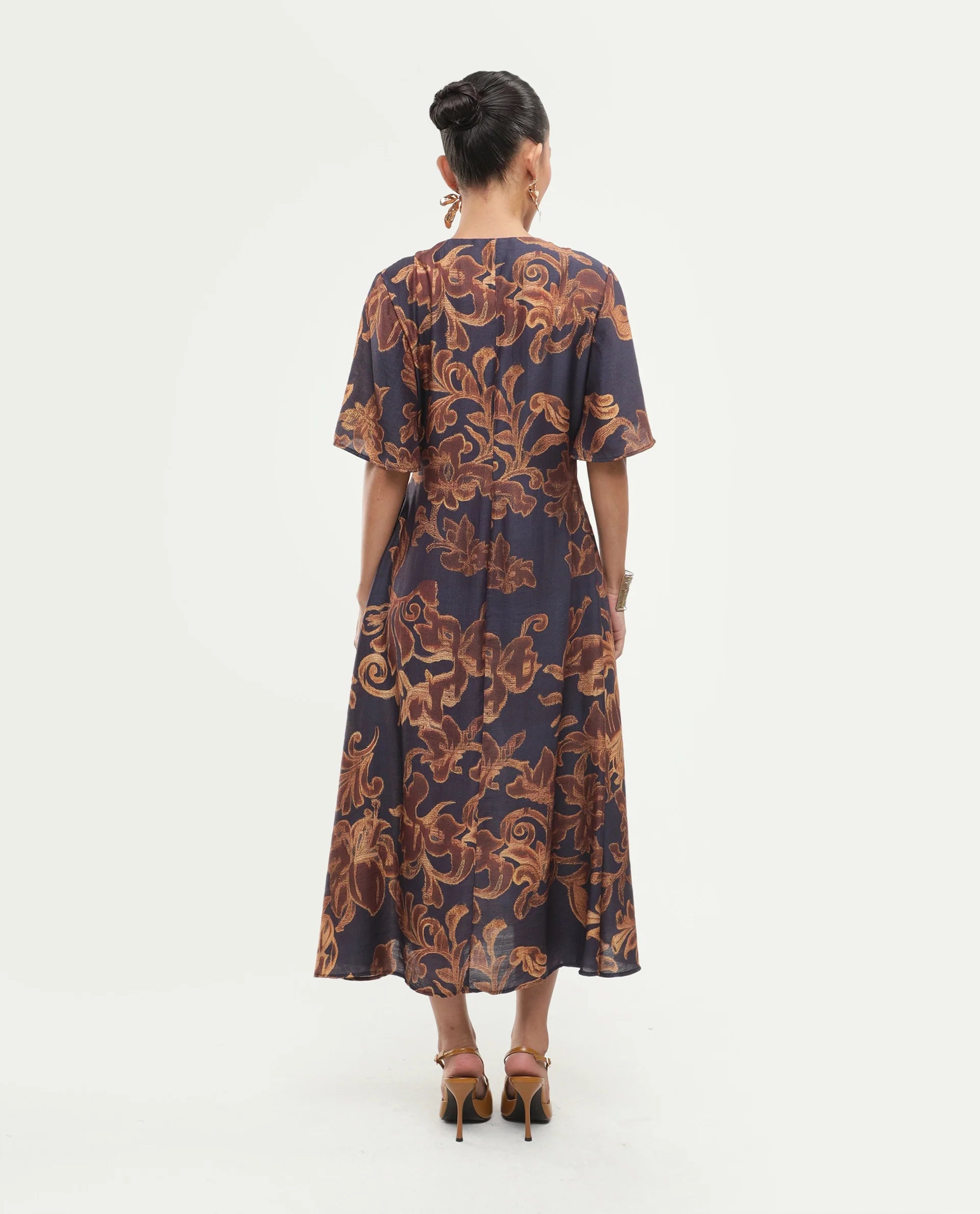 Rareism Women's Dacro Brown Viscose Blend V-Neck Pull-On Fit And Flare Floral Print Dress