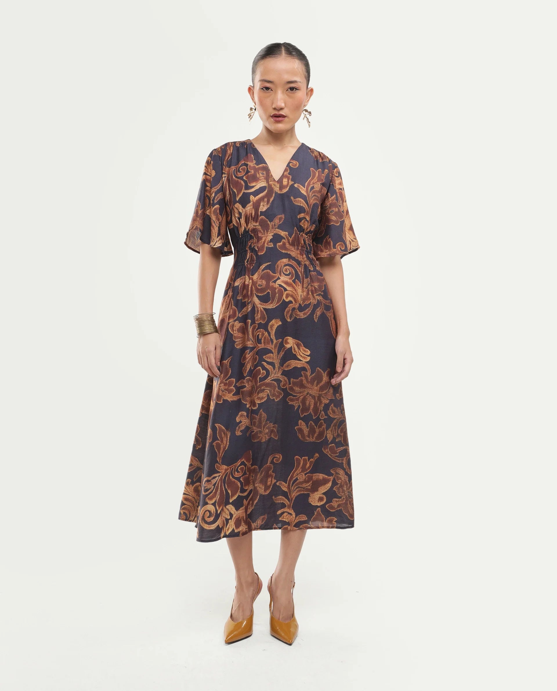 Rareism Women's Dacro Brown Viscose Blend V-Neck Pull-On Fit And Flare Floral Print Dress