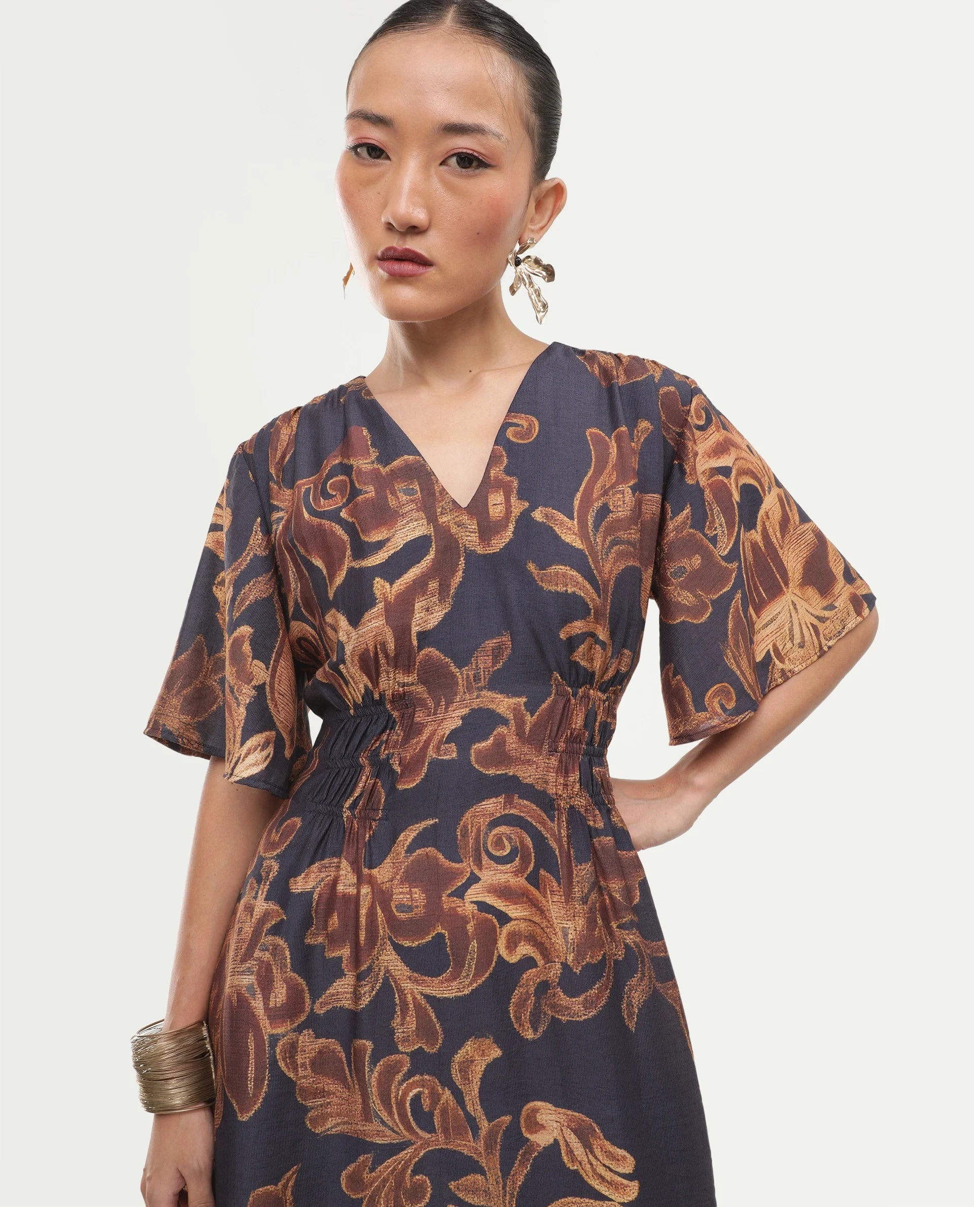 Rareism Women's Dacro Brown Viscose Blend V-Neck Pull-On Fit And Flare Floral Print Dress