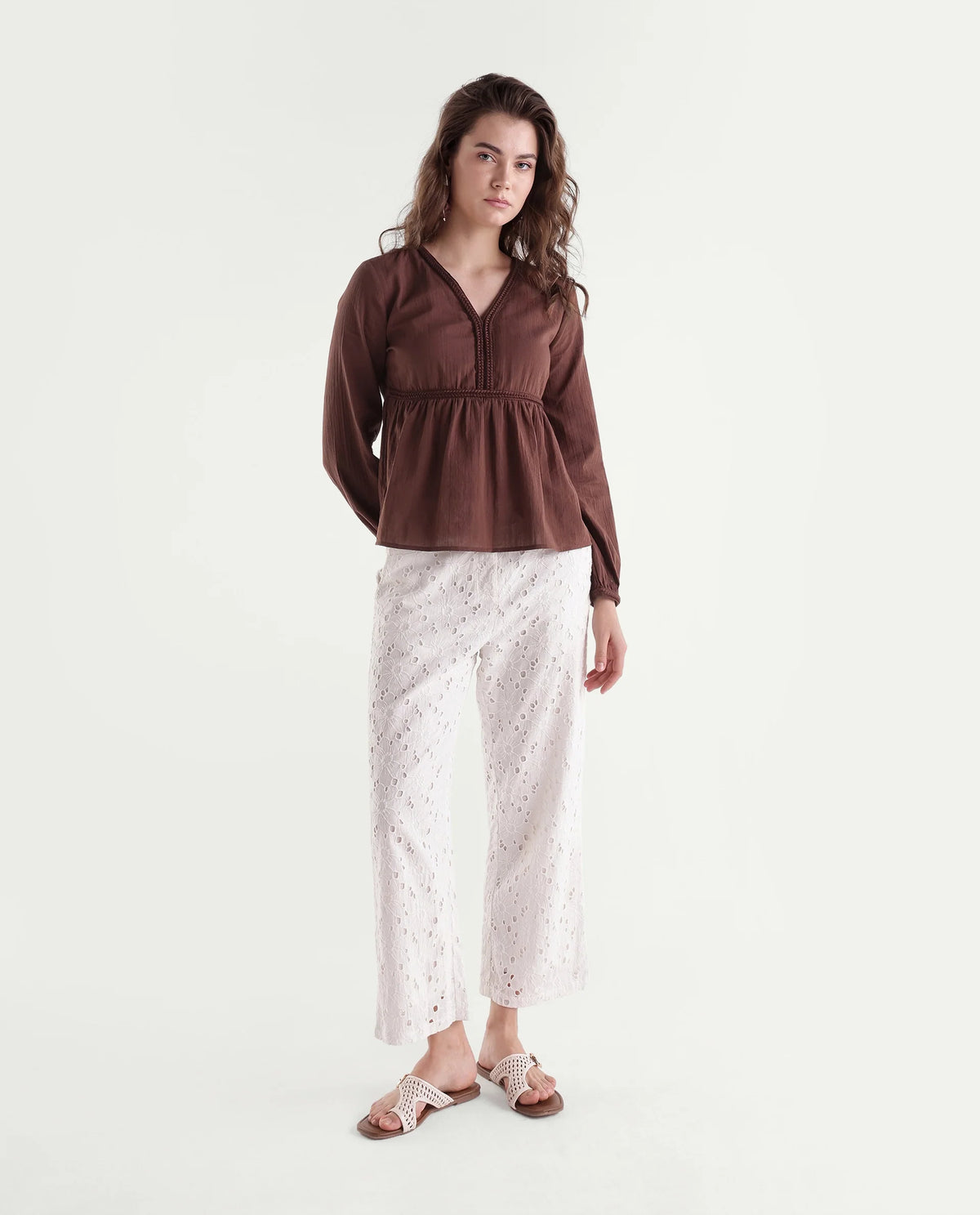 Rareism Women's Winth Brown Cotton V-Neck Regular Plain Top