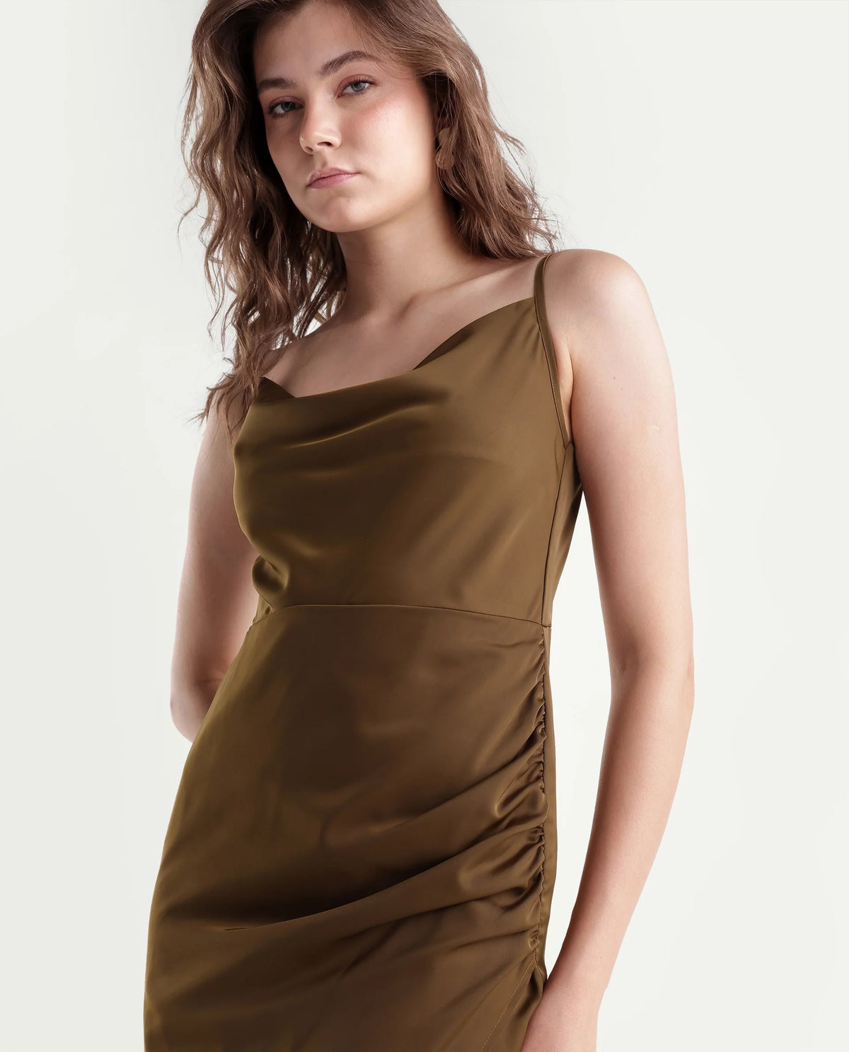 Rareism Women's Riluaw26 Gold Polyester Cowl Neck Bodycon Plain Dress