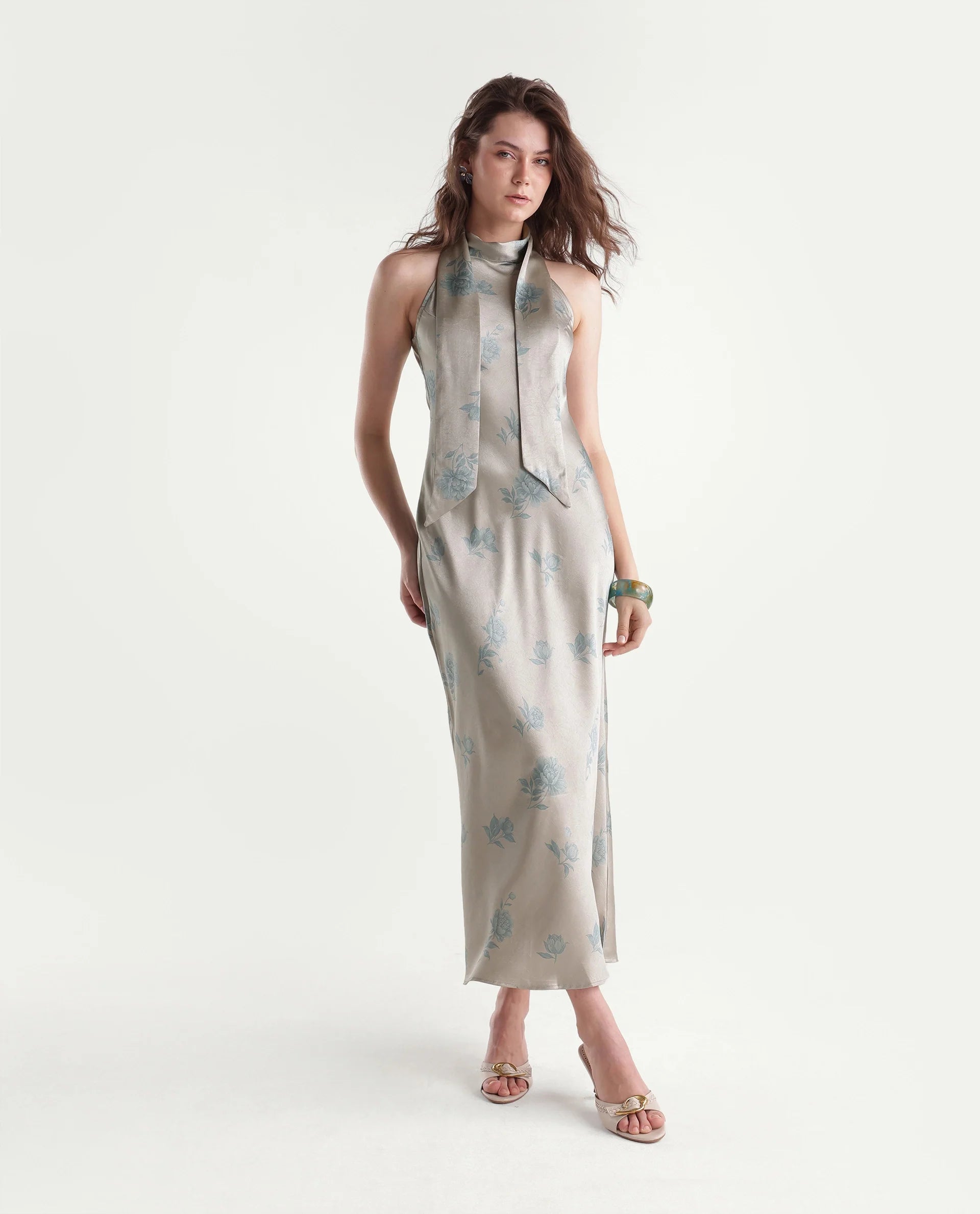 Rareism Women's Penzy Beige Polyester Halter Neck Bodycon Printed Dress