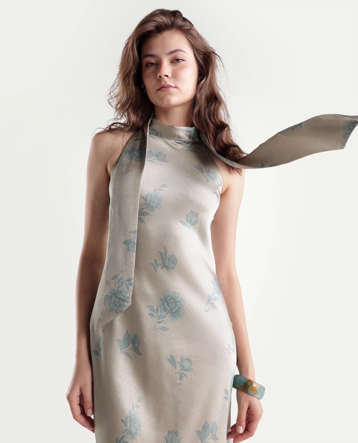 Rareism Women's Penzy Beige Polyester Halter Neck Bodycon Printed Dress