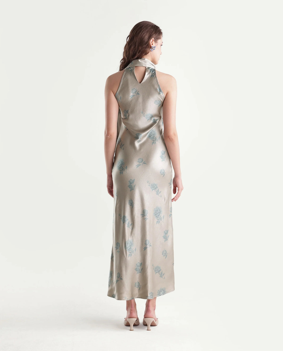Rareism Women's Penzy Beige Polyester Halter Neck Bodycon Printed Dress