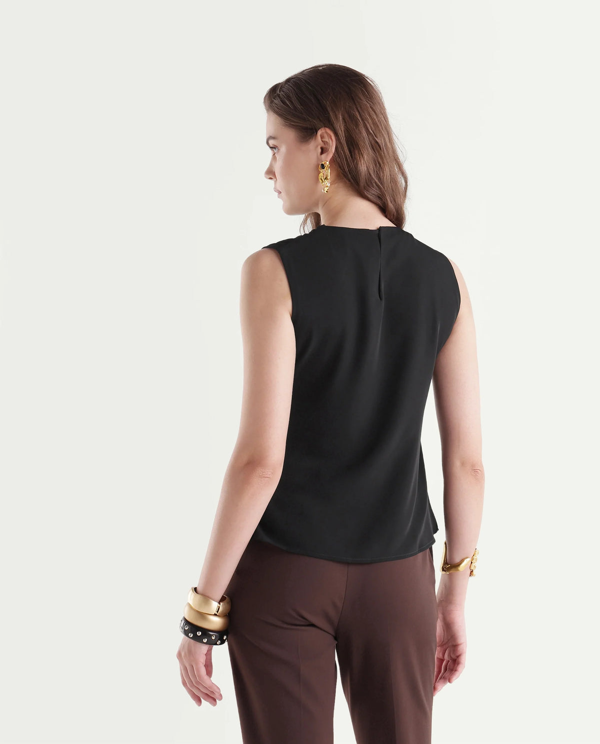 Rareism Women's Ping Black Polyester Crew Neck Regular Plain Top