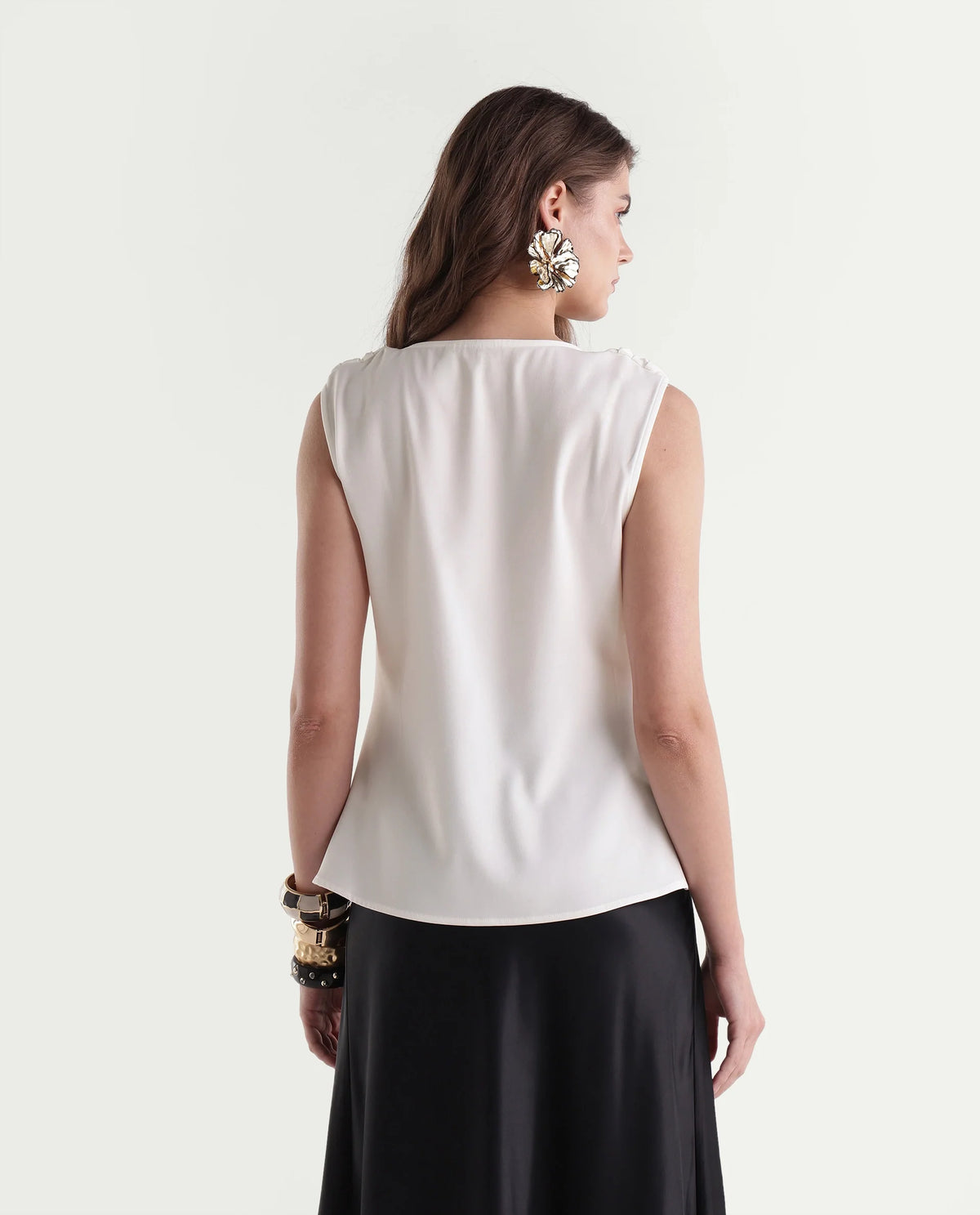 Rareism Women's Prety Off White Polyester Cowl Neck Regular Plain Top