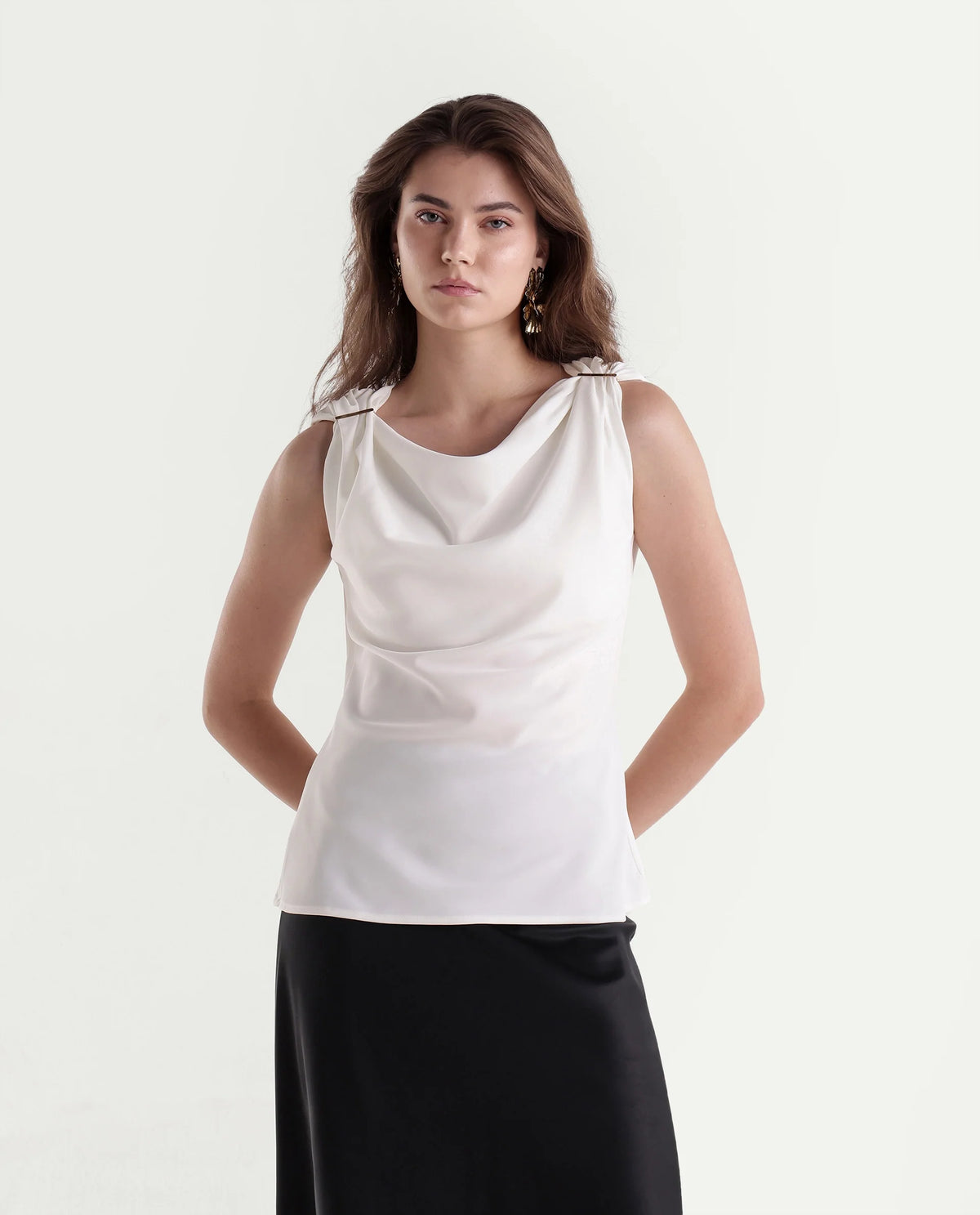 Rareism Women's Prety Off White Polyester Cowl Neck Regular Plain Top