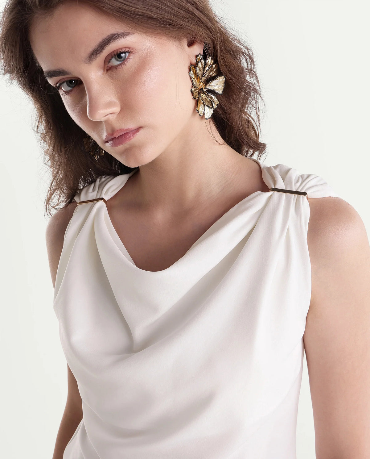 Rareism Women's Prety Off White Polyester Cowl Neck Regular Plain Top
