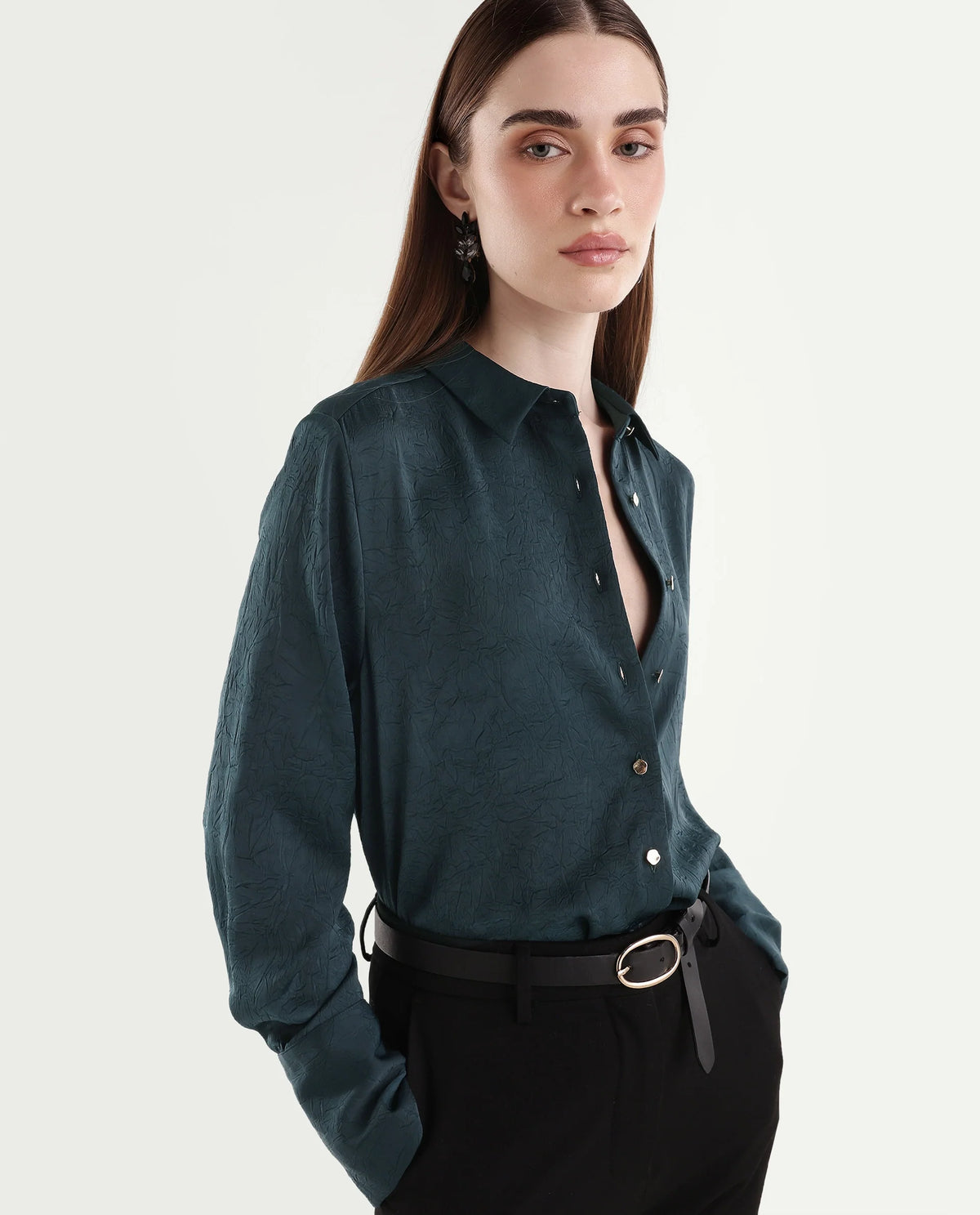 Rareism Women's Pasimo Dark Teal Polyester Spread Collar Regular Plain Shirt - image 1