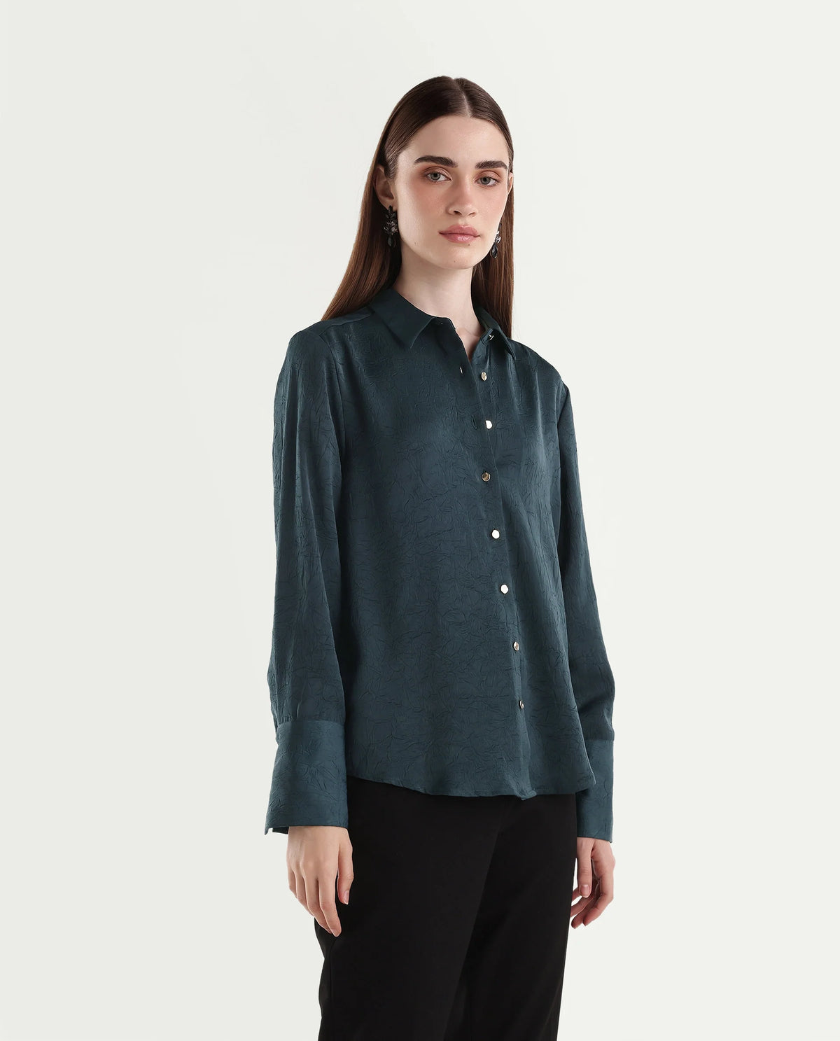 Rareism Women's Pasimo Dark Teal Polyester Spread Collar Regular Plain Shirt - image 4