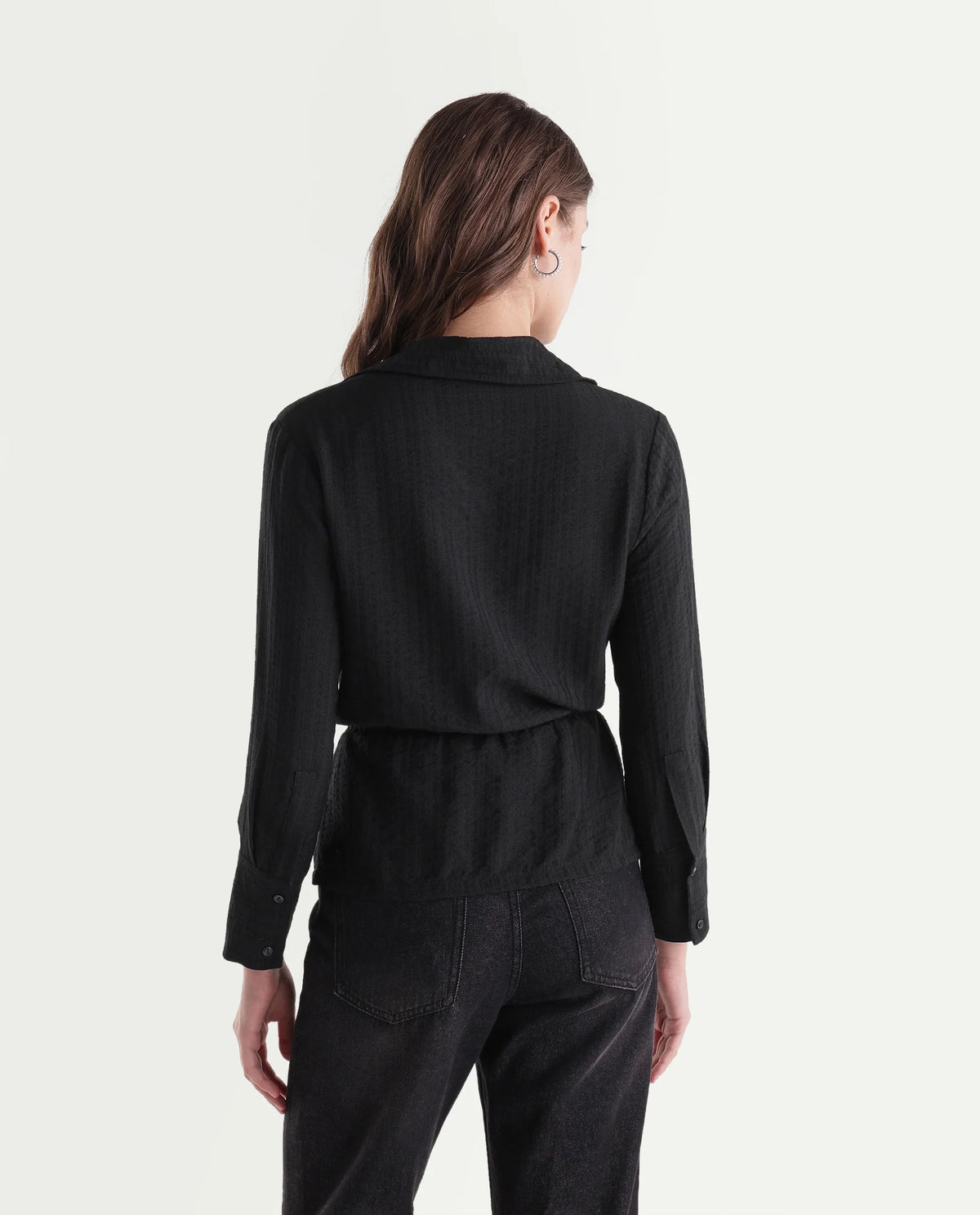 Rareism Women's Quin-T Black Viscose Blend Stand Collar Regular Jacquard Shirt