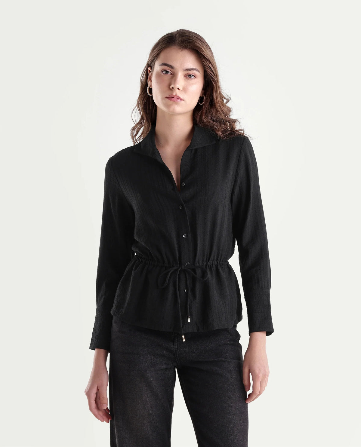 Rareism Women's Quin-T Black Viscose Blend Stand Collar Regular Jacquard Shirt