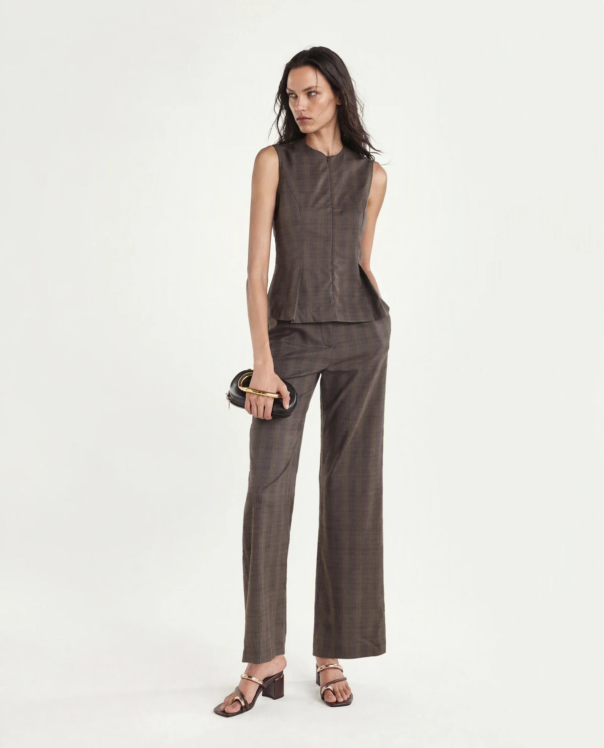 Rareism Women's Quzor-T Brown Polyester Blend Crew Neck Fit And Flare Checked Top