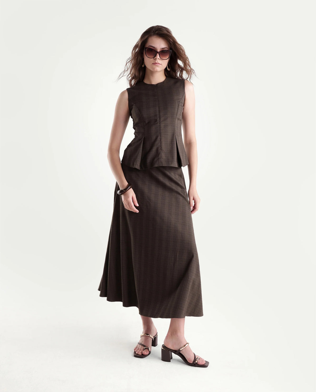Rareism Women's Quzor-T Brown Polyester Blend Crew Neck Fit And Flare Checked Top