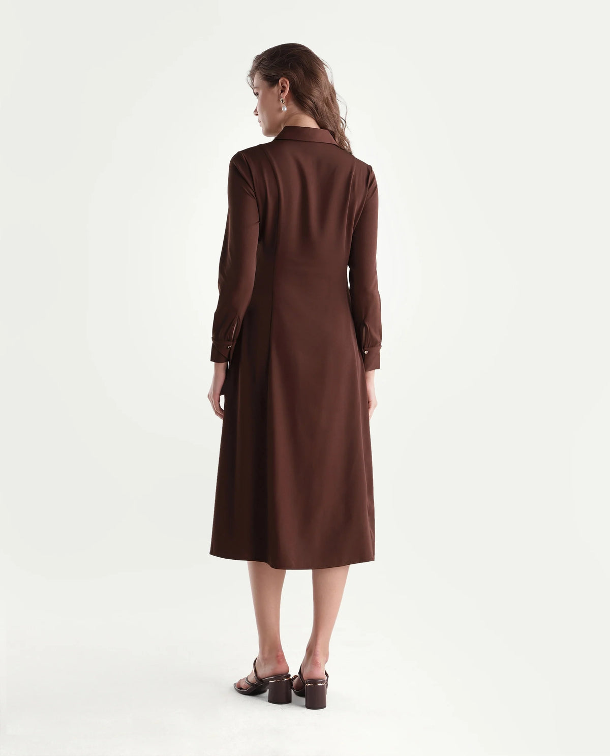 Rareism Women's Qovai Brown Polyester Spread Collar Flared Plain Dress