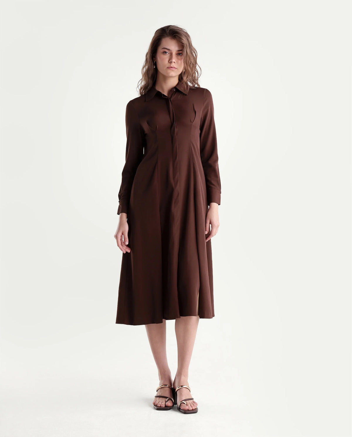 Rareism Women's Qovai Brown Polyester Spread Collar Flared Plain Dress