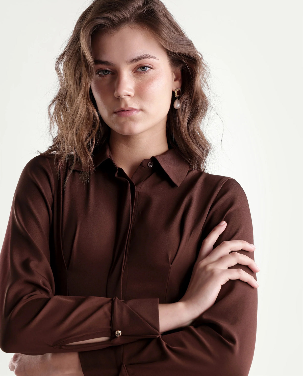 Rareism Women's Qovai Brown Polyester Spread Collar Flared Plain Dress