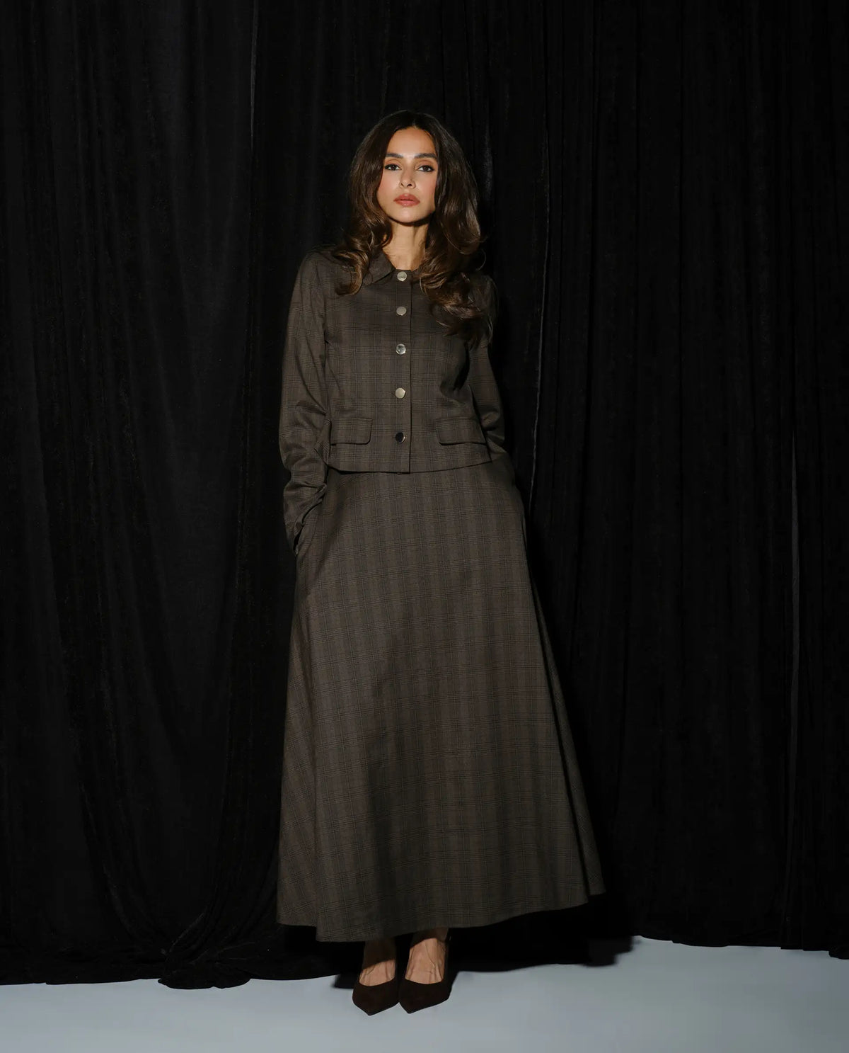Rareism Women's Quno-B Brown Polyester Blend Flared Checked Skirt