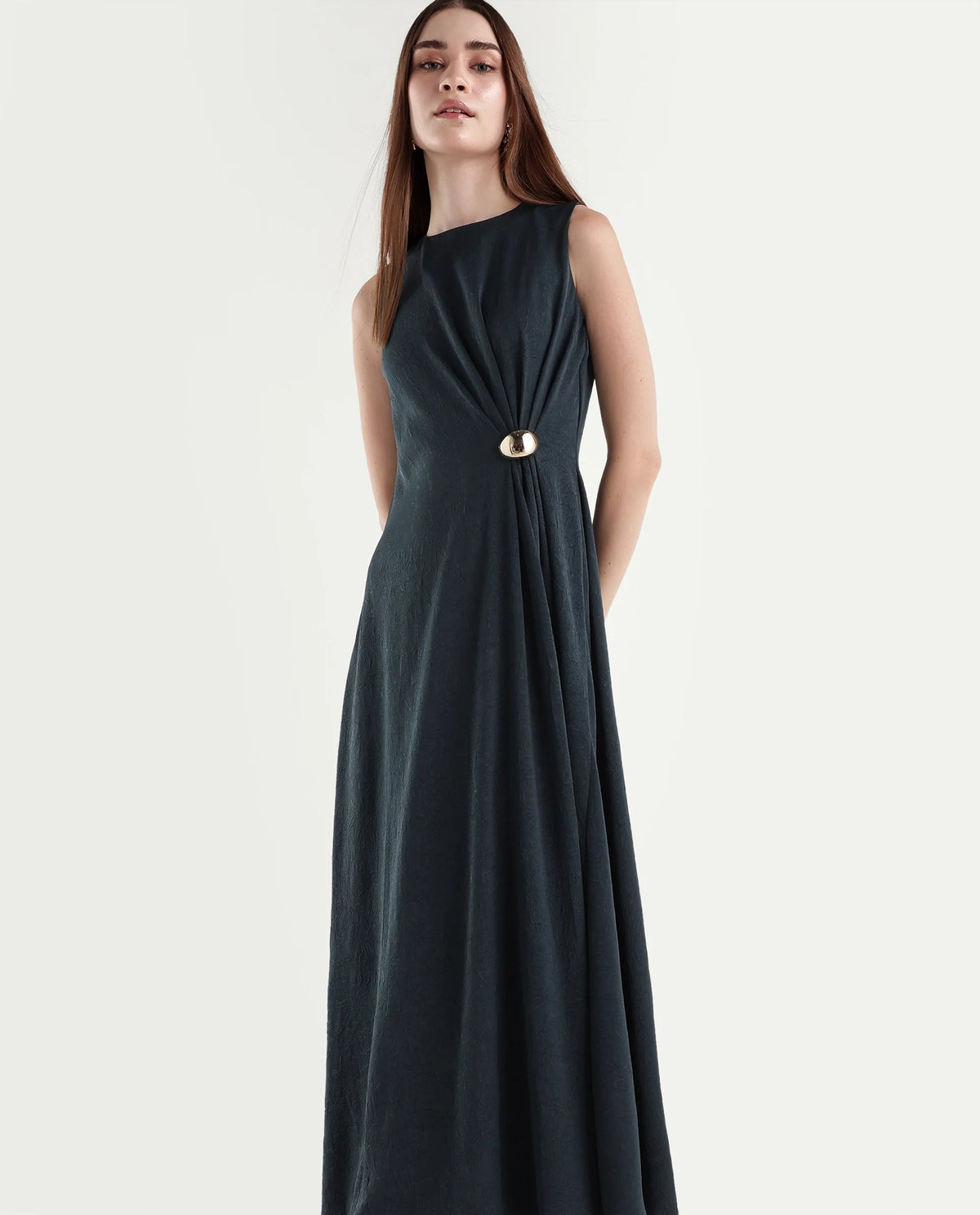 Rareism Women's Xoa Teal Polyester Round Neck Sheath Plain Dress - image 6