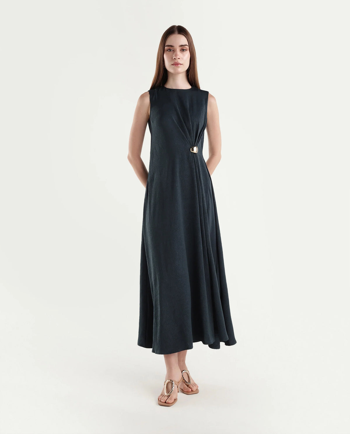 Rareism Women's Xoa Teal Polyester Round Neck Sheath Plain Dress - image 2