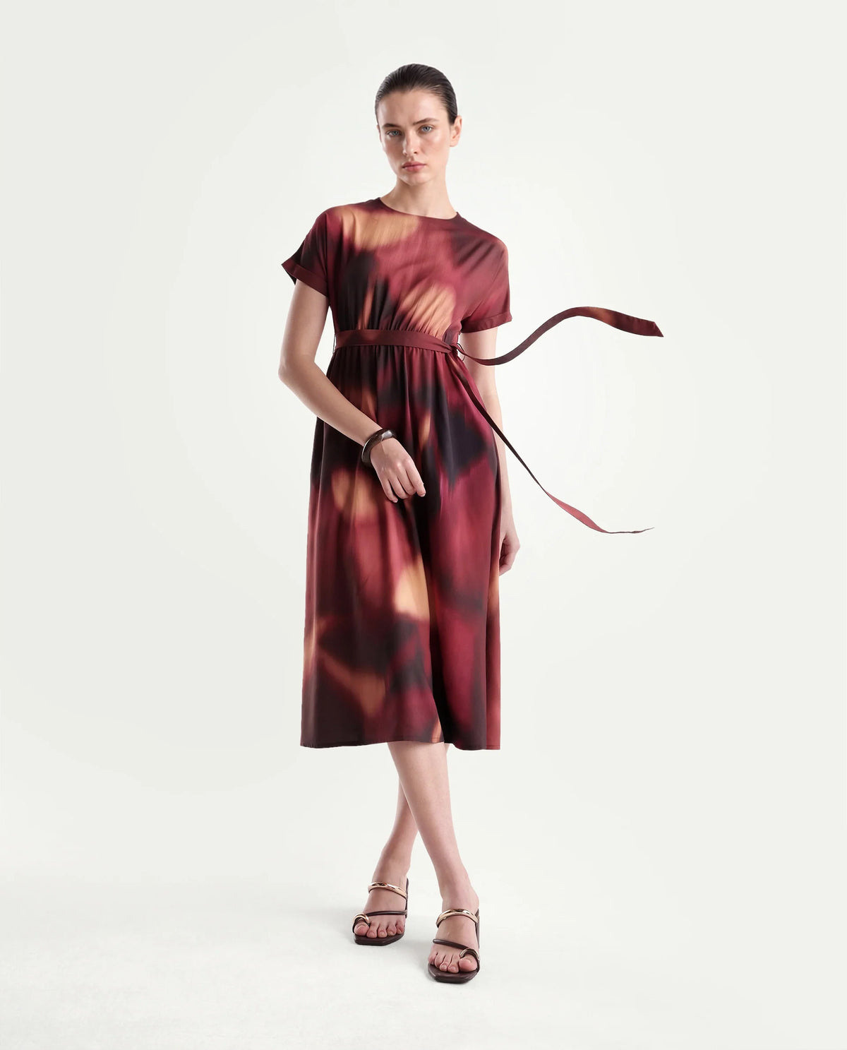 Rareism Women's Sufon Dark Brown Viscose Crew Neck Fit And Flare Abstract Print Dress