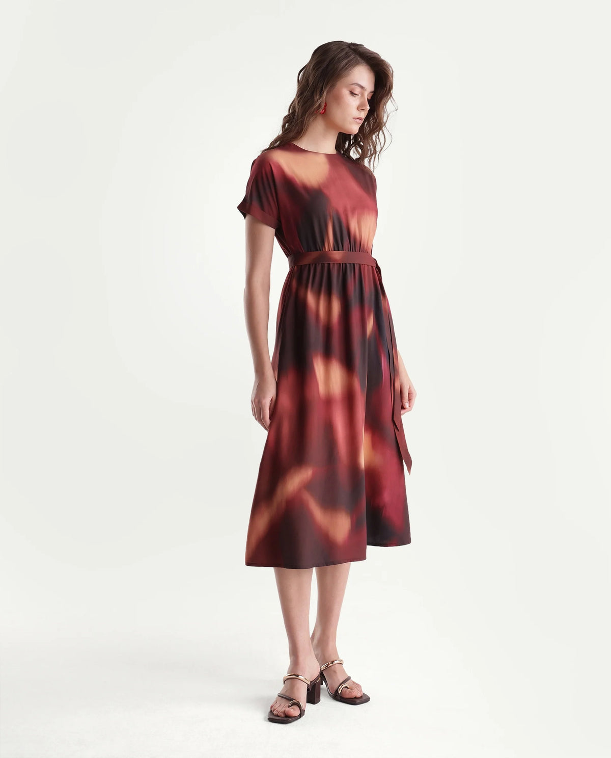 Rareism Women's Sufon Dark Brown Viscose Crew Neck Fit And Flare Abstract Print Dress
