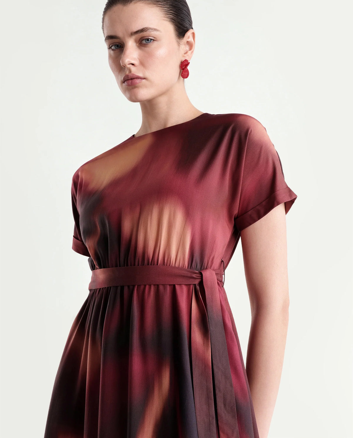 Rareism Women's Sufon Dark Brown Viscose Crew Neck Fit And Flare Abstract Print Dress