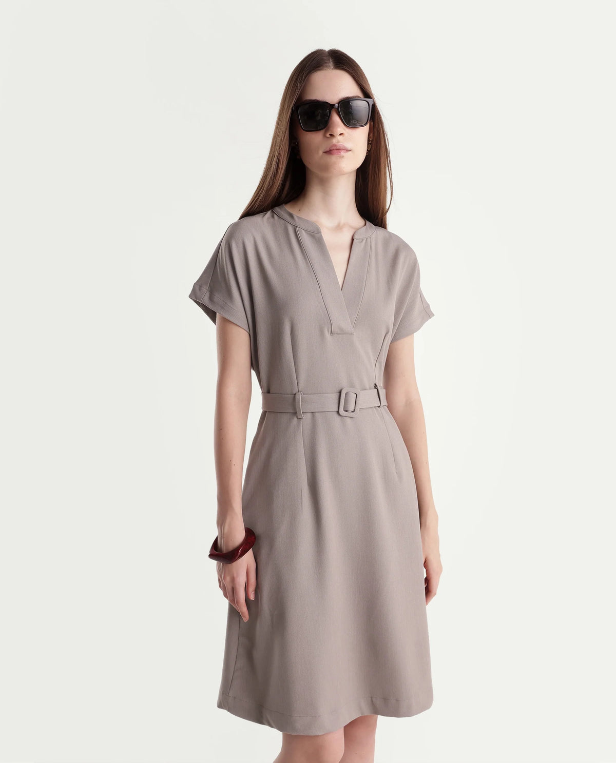 Rareism Women's Wory Fawn Polyester Blend Mandarin Collar A-Line Plain Dress - image 6