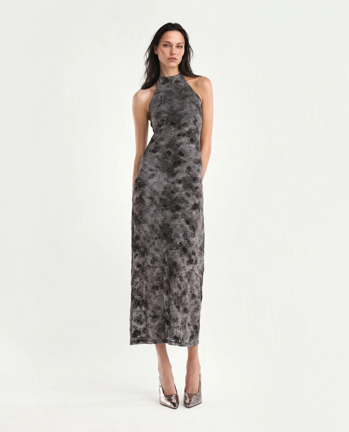 Rareism Women's Pardhan Dark Grey Polyester Blend Halter Neck Bodycon Flock Print Dress - image 2