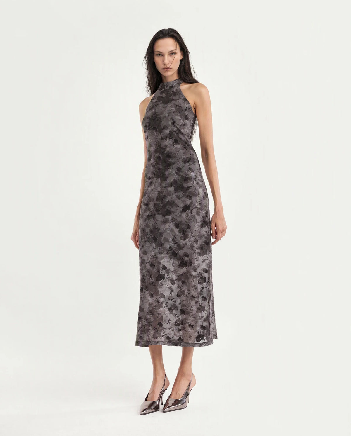 Rareism Women's Pardhan Dark Grey Polyester Blend Halter Neck Bodycon Flock Print Dress - image 6