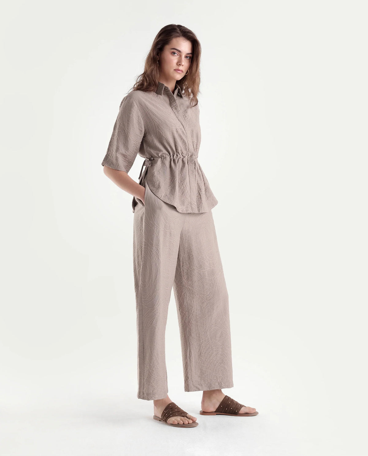 Rareism Women's Dim-B Dusky Beige Viscose Blend Barrel Jacquard Trouser