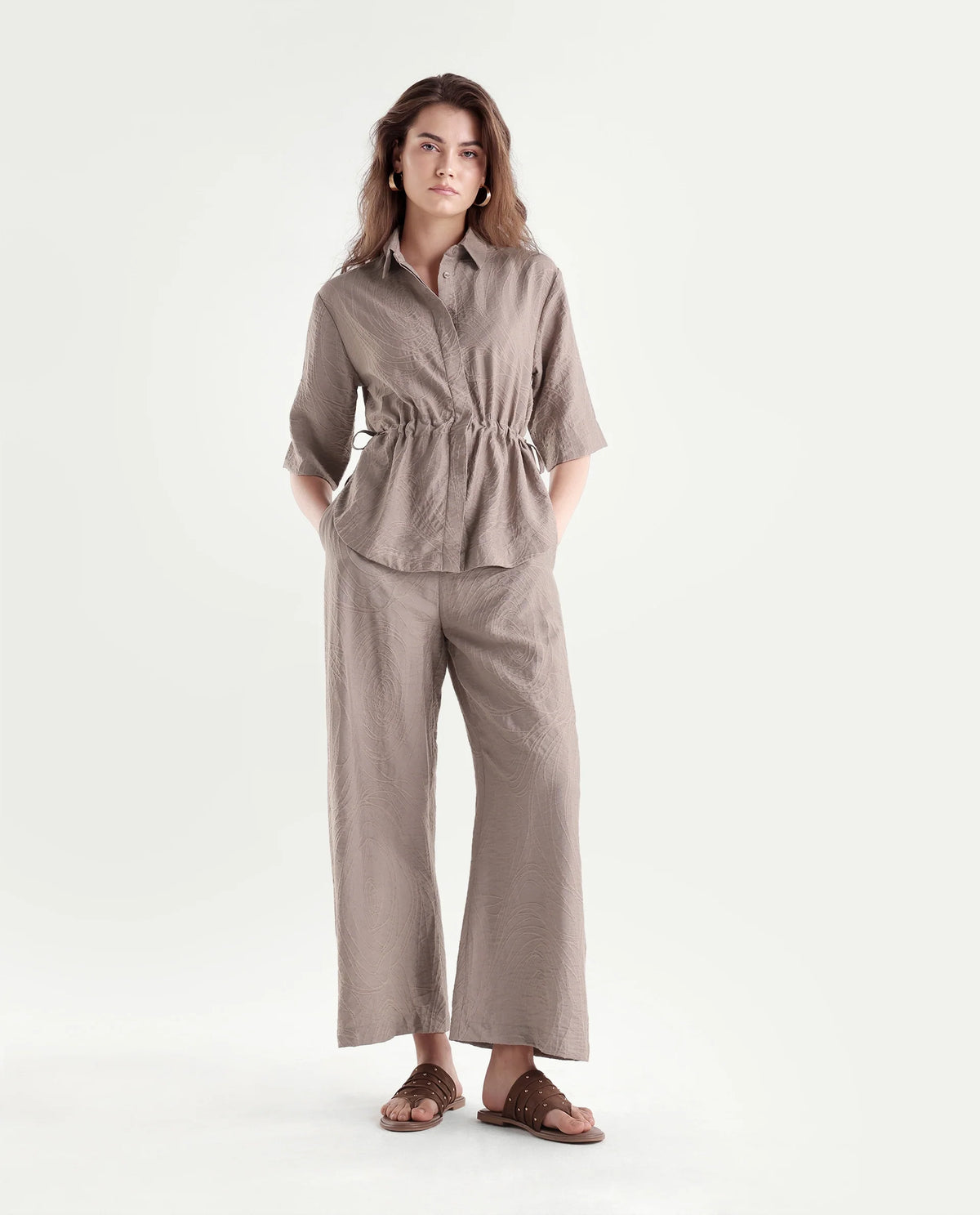 Rareism Women's Dim-B Dusky Beige Viscose Blend Barrel Jacquard Trouser