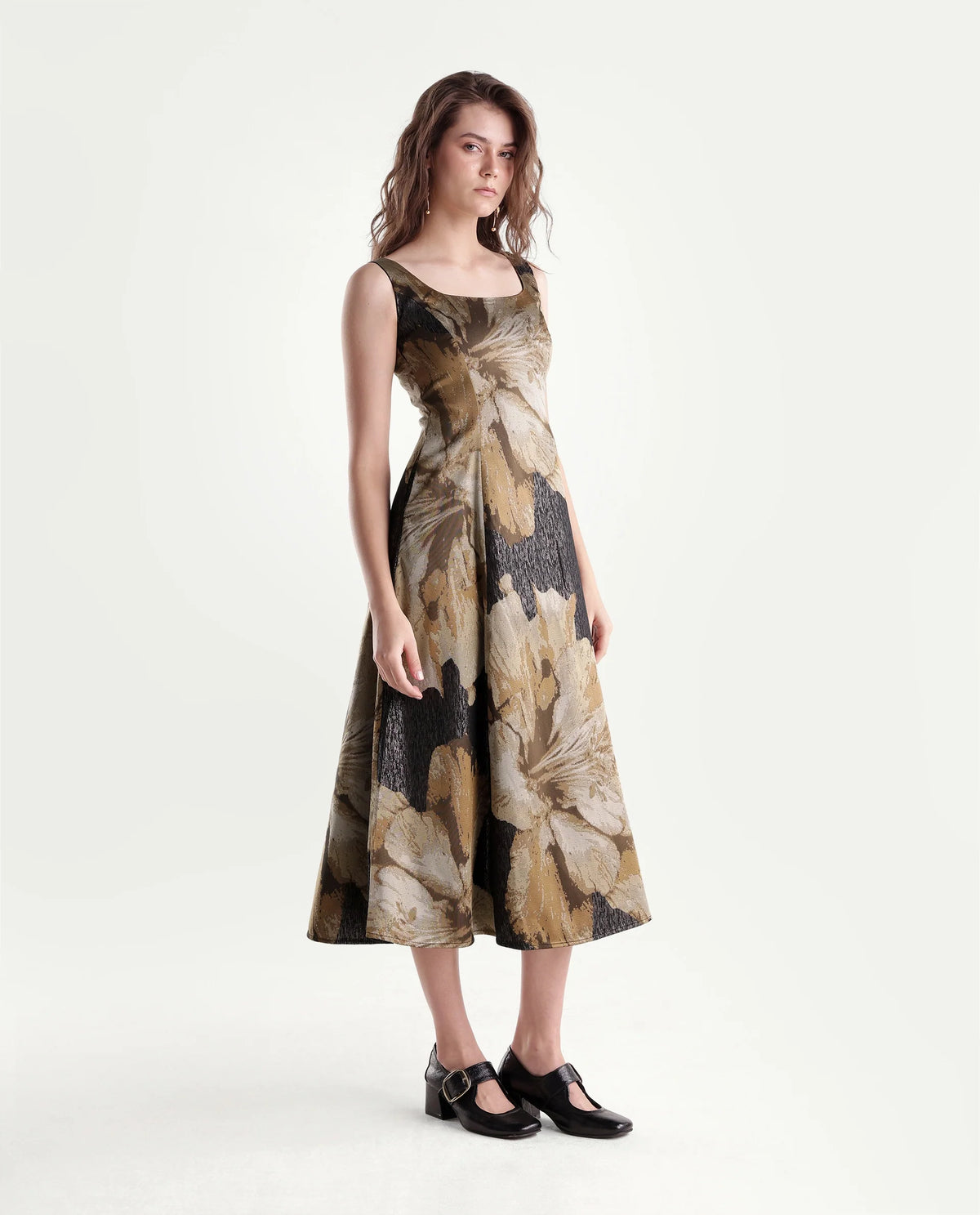 Rareism Womens Xabi Brown Polyester Blend Square Neck Sheath Floral Print Dress