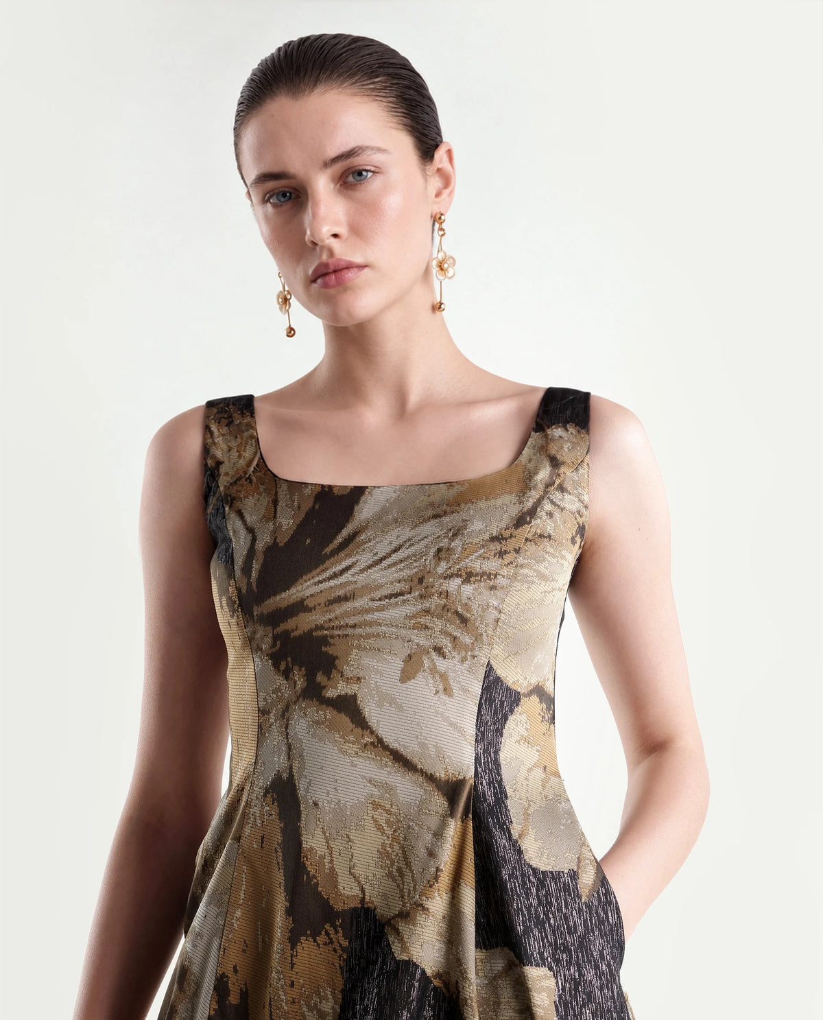 Rareism Womens Xabi Brown Polyester Blend Square Neck Sheath Floral Print Dress