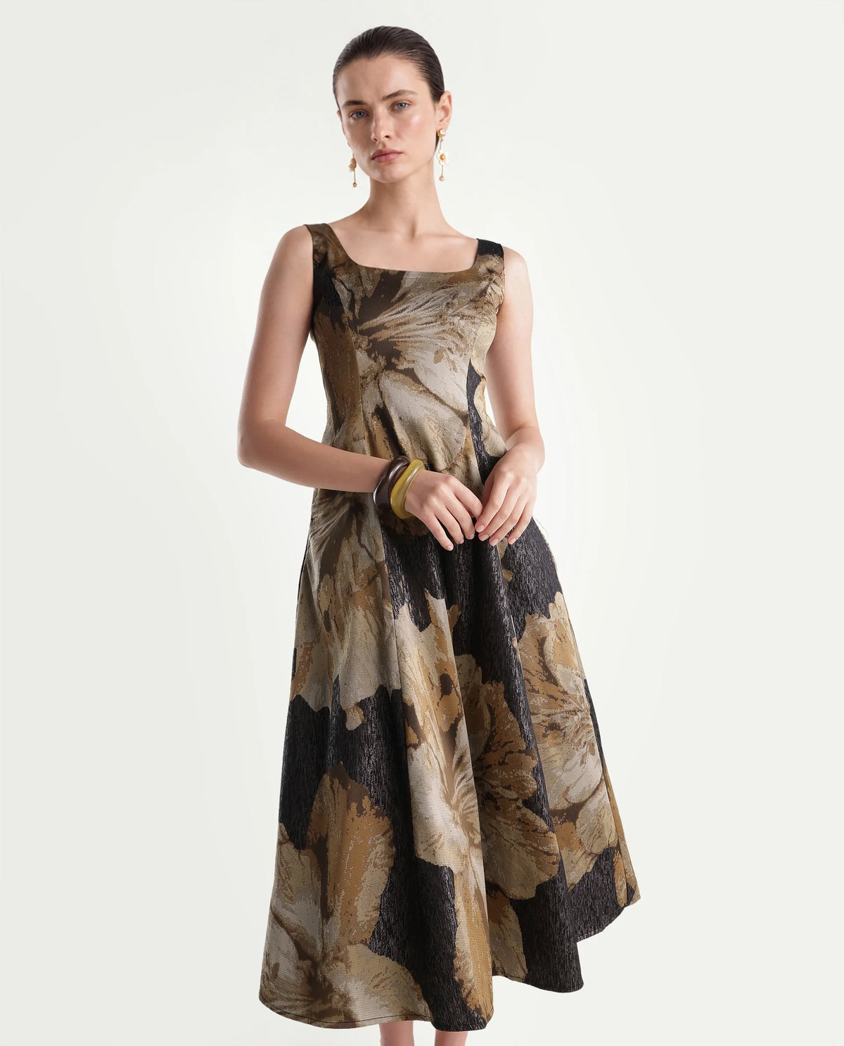 Rareism Womens Xabi Brown Polyester Blend Square Neck Sheath Floral Print Dress
