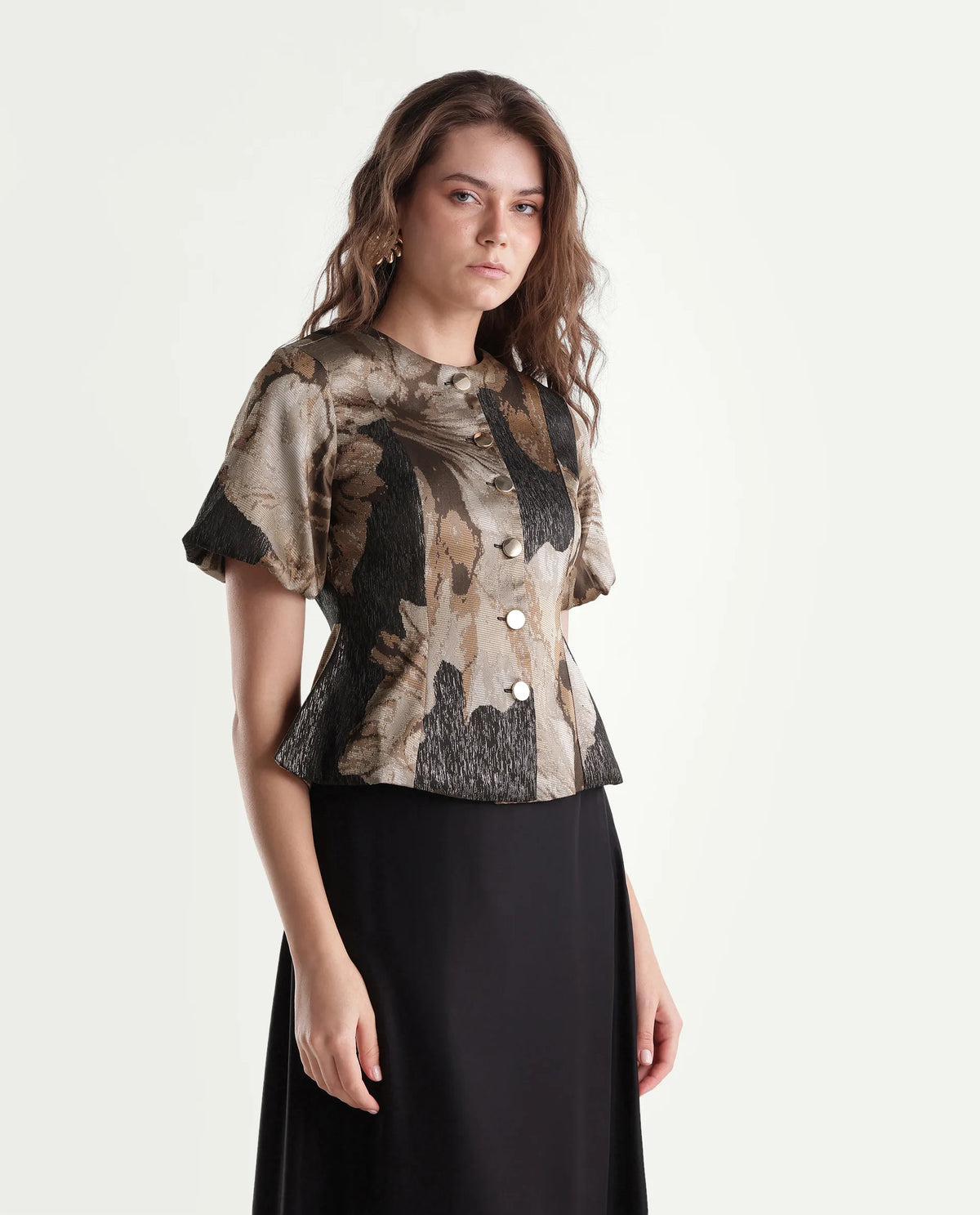 Rareism Womens Xennot Brown Polyester Blend Crew Neck Regular Floral Print Top