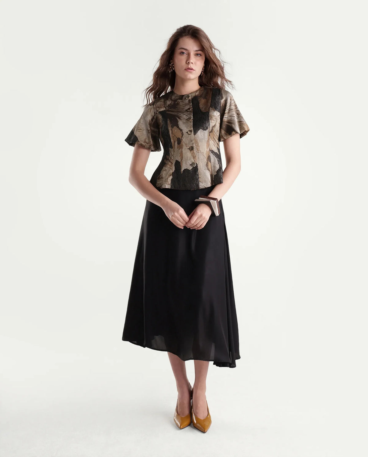 Rareism Womens Xennot Brown Polyester Blend Crew Neck Regular Floral Print Top