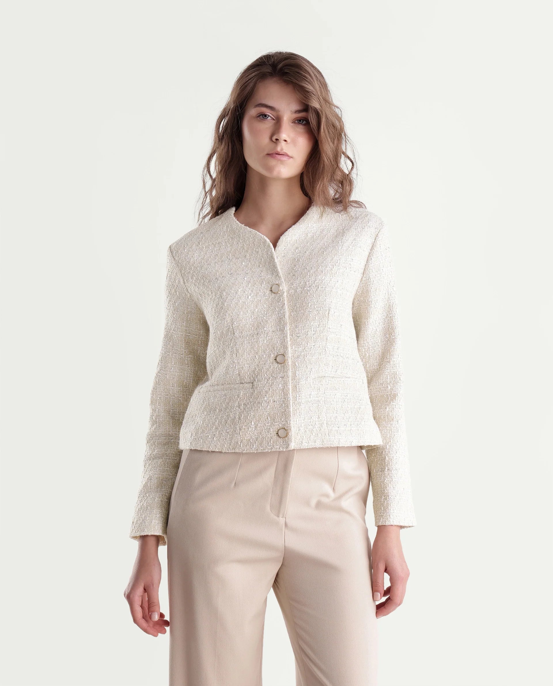 Rareism Womens Toat-J Off White Cotton Blend Collarless Regular Plain Jacket