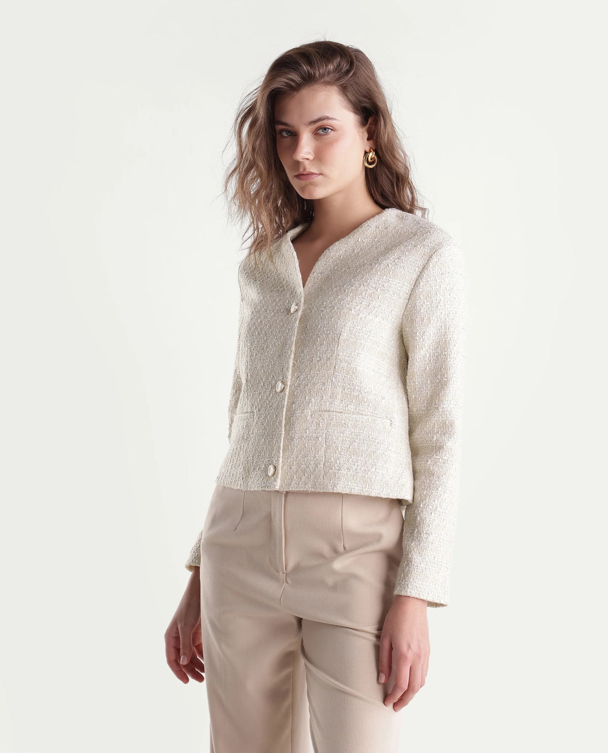 Rareism Womens Toat-J Off White Cotton Blend Collarless Regular Plain Jacket