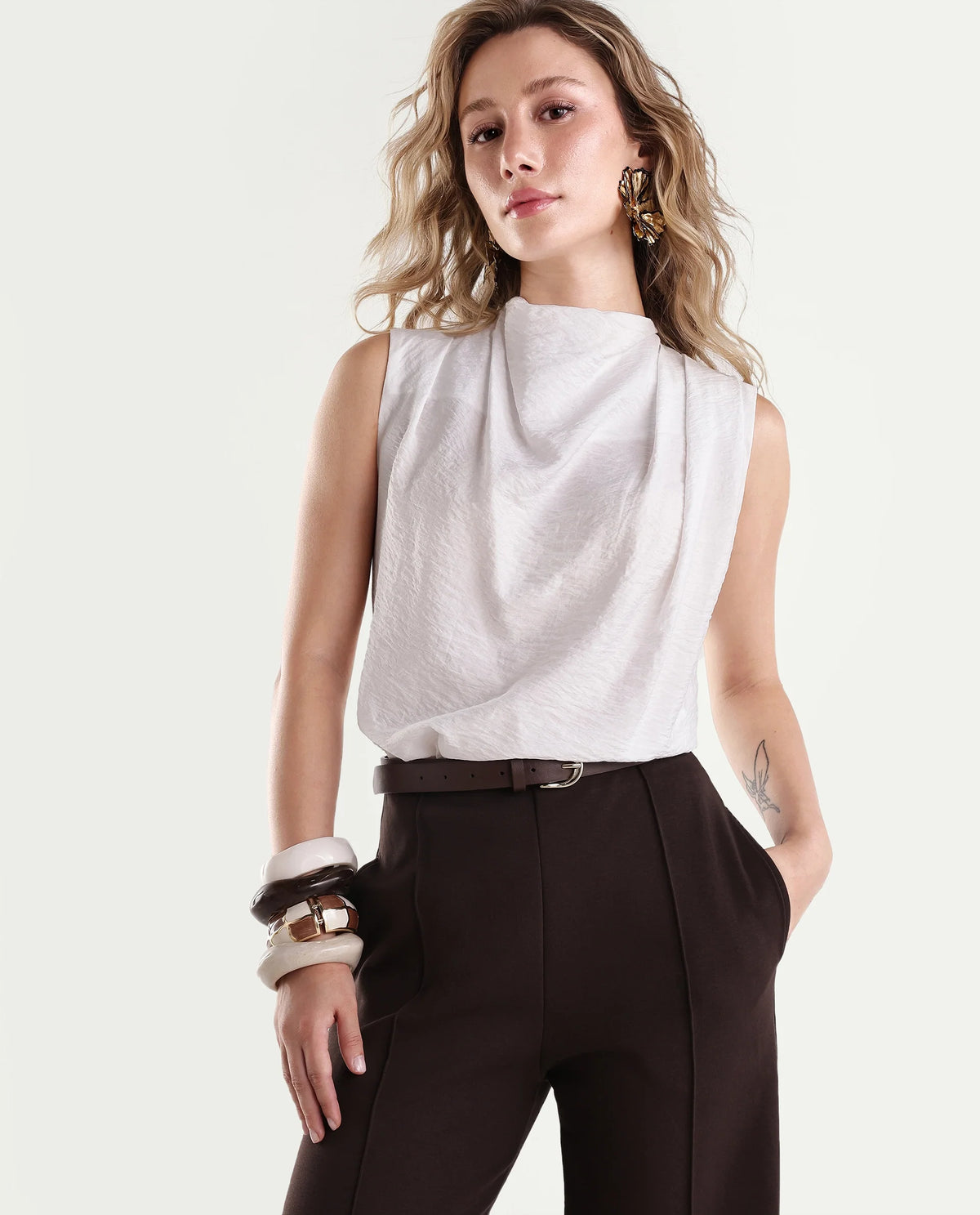Rareism Womens Onjowl Off White Viscose Blend Cowl Neck Swing Plain Top