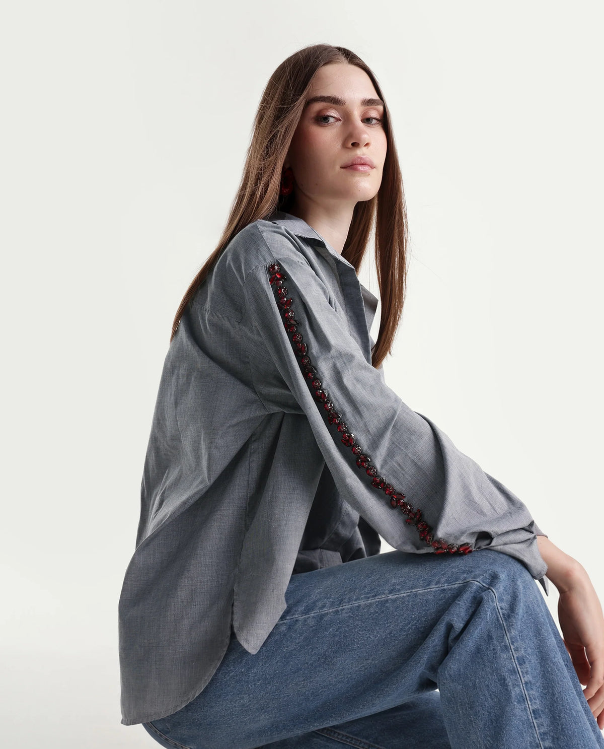 Rareism Women's Guldono Grey Cotton Blend Spread Collar Relaxed Striped Shirt - image 1