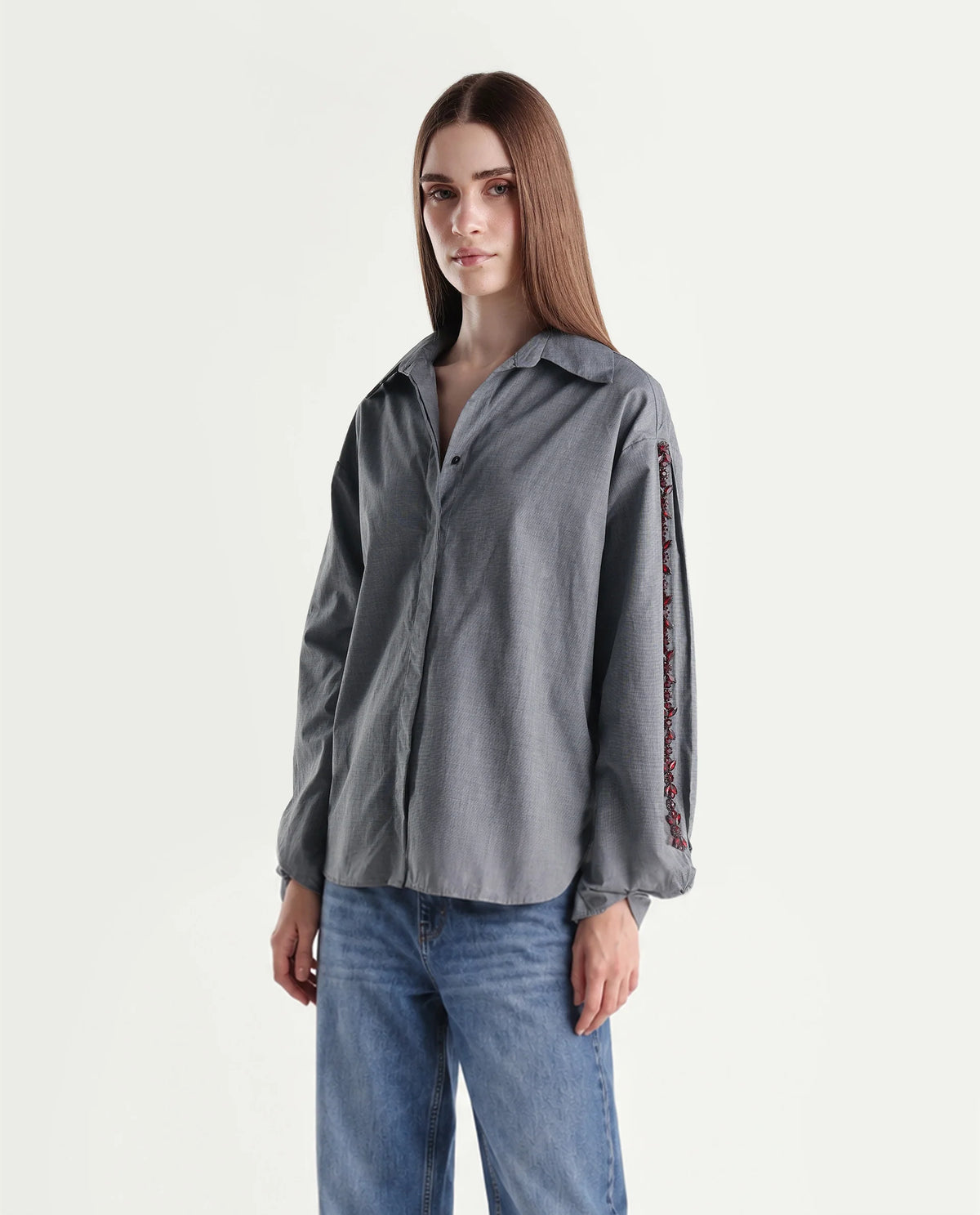 Rareism Women's Guldono Grey Cotton Blend Spread Collar Relaxed Striped Shirt - image 5
