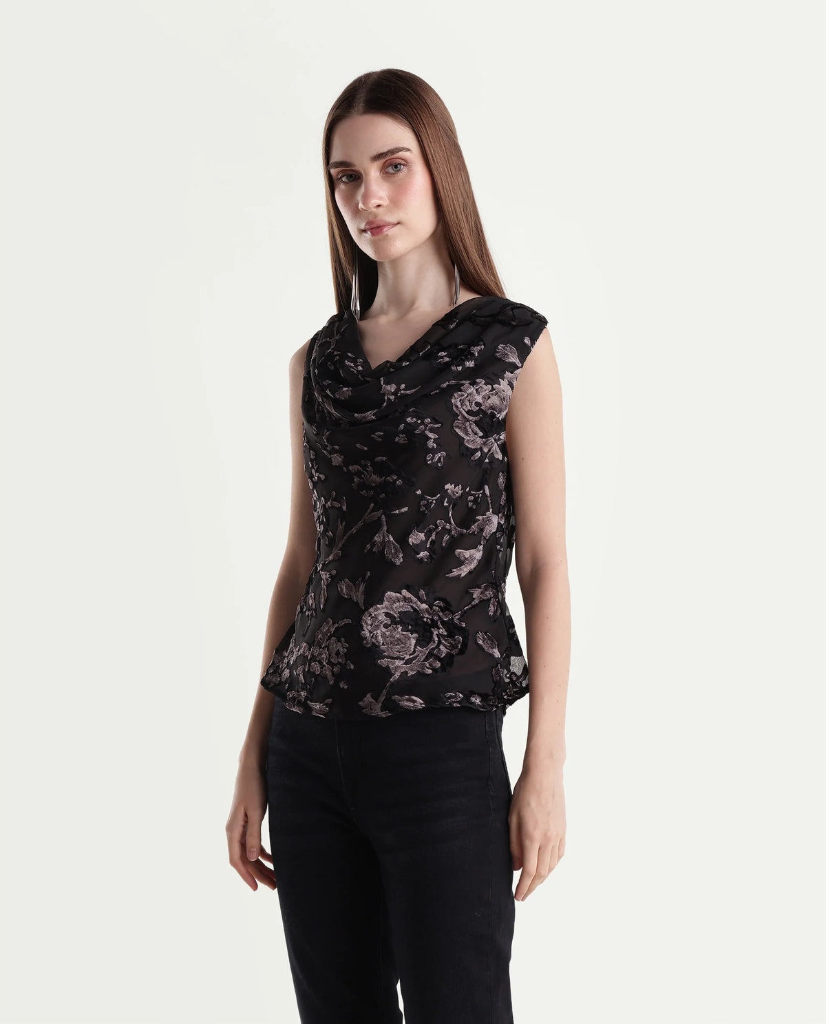 Rareism Women's Guilin Black Polyester Cowl Neck Regular Jacquard Top - image 5